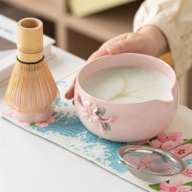 Custom Logo Pink Bone China Matcha Whisking Bowl With Spout Professional Tea Ware Wholesale Supply suppliers